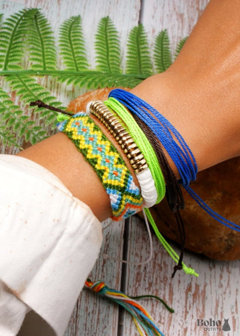 Boho Bracelet, White Blue Colorful Shell Gold